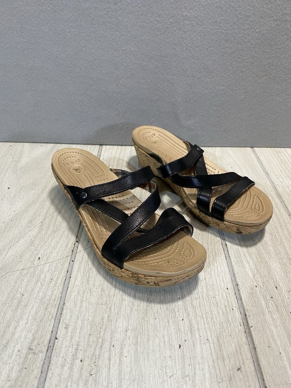 Crocs Women 7 Black Strappy Wedge Sandals Slip-On Comfort Cork Look Heel